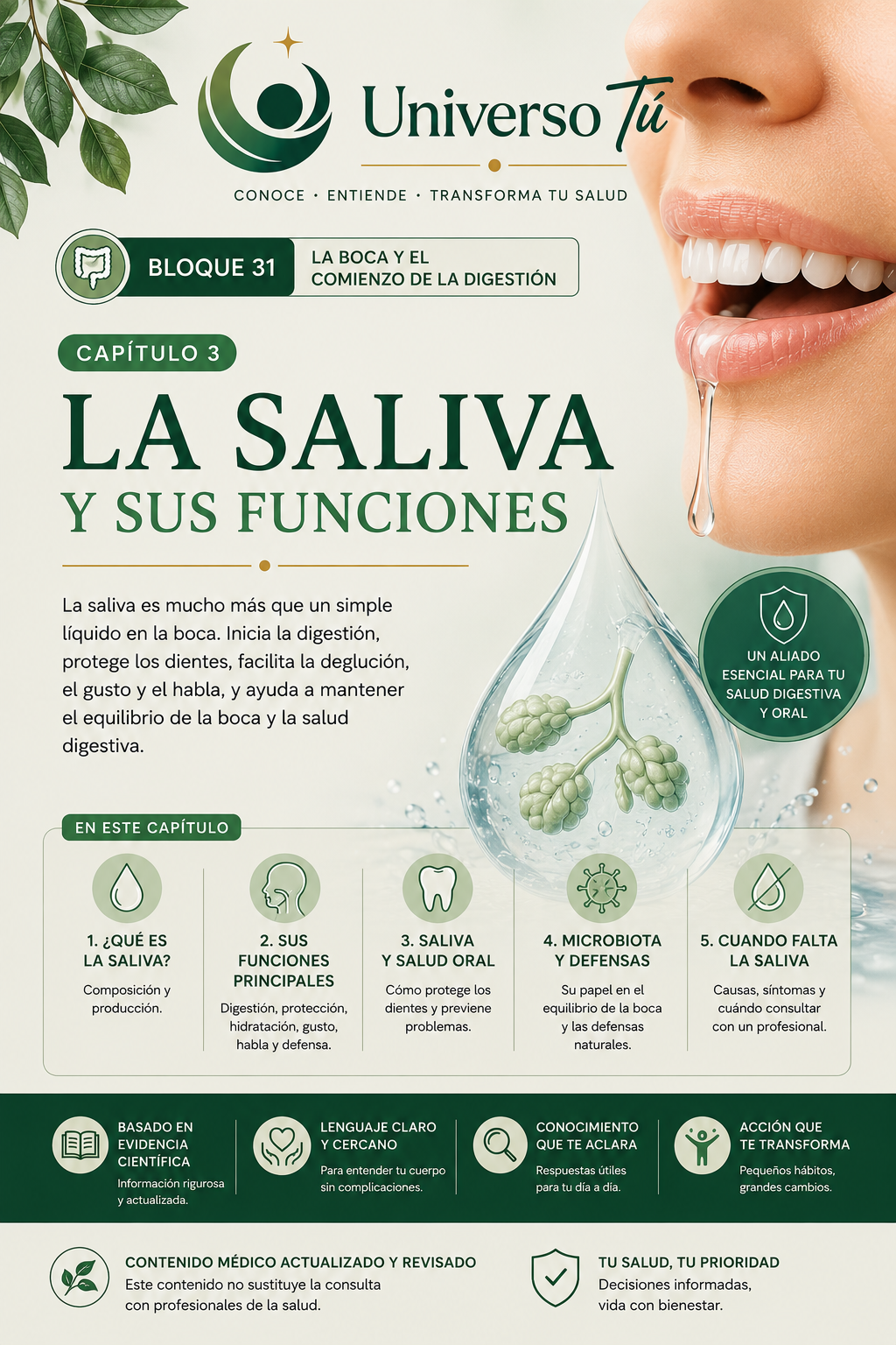 Portada del capítulo 3, La saliva y sus funciones, del bloque 31 de Universo Tú sobre la boca y el comienzo de la digestión