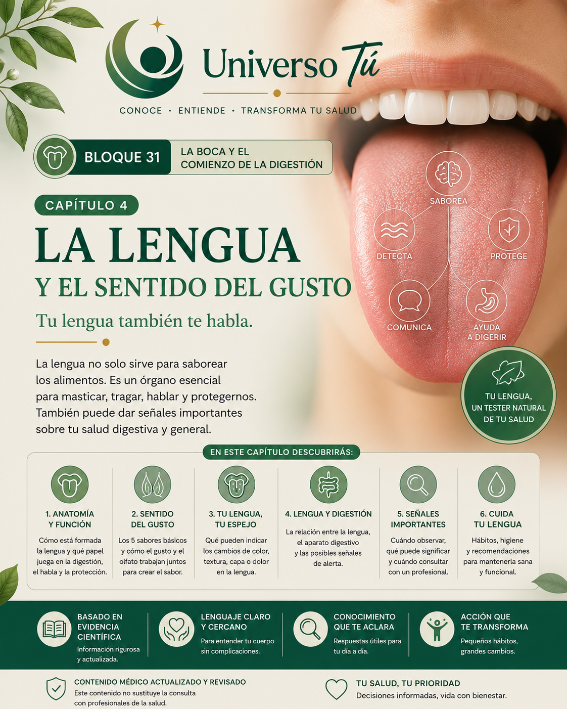 Portada del capítulo 4, La lengua y el sentido del gusto, del bloque 31 de Universo Tú sobre la boca y el comienzo de la digestión