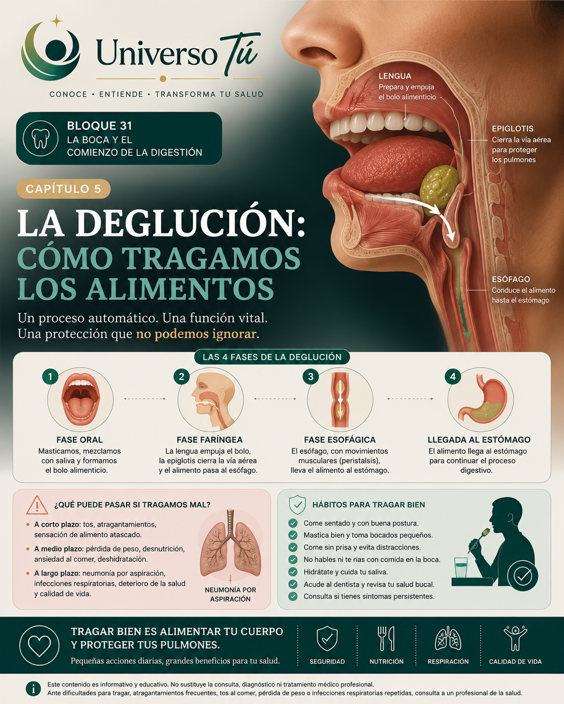 Portada del capítulo 5, La deglución: cómo tragamos los alimentos, del bloque 31 de Universo Tú sobre la boca y el comienzo de la digestión