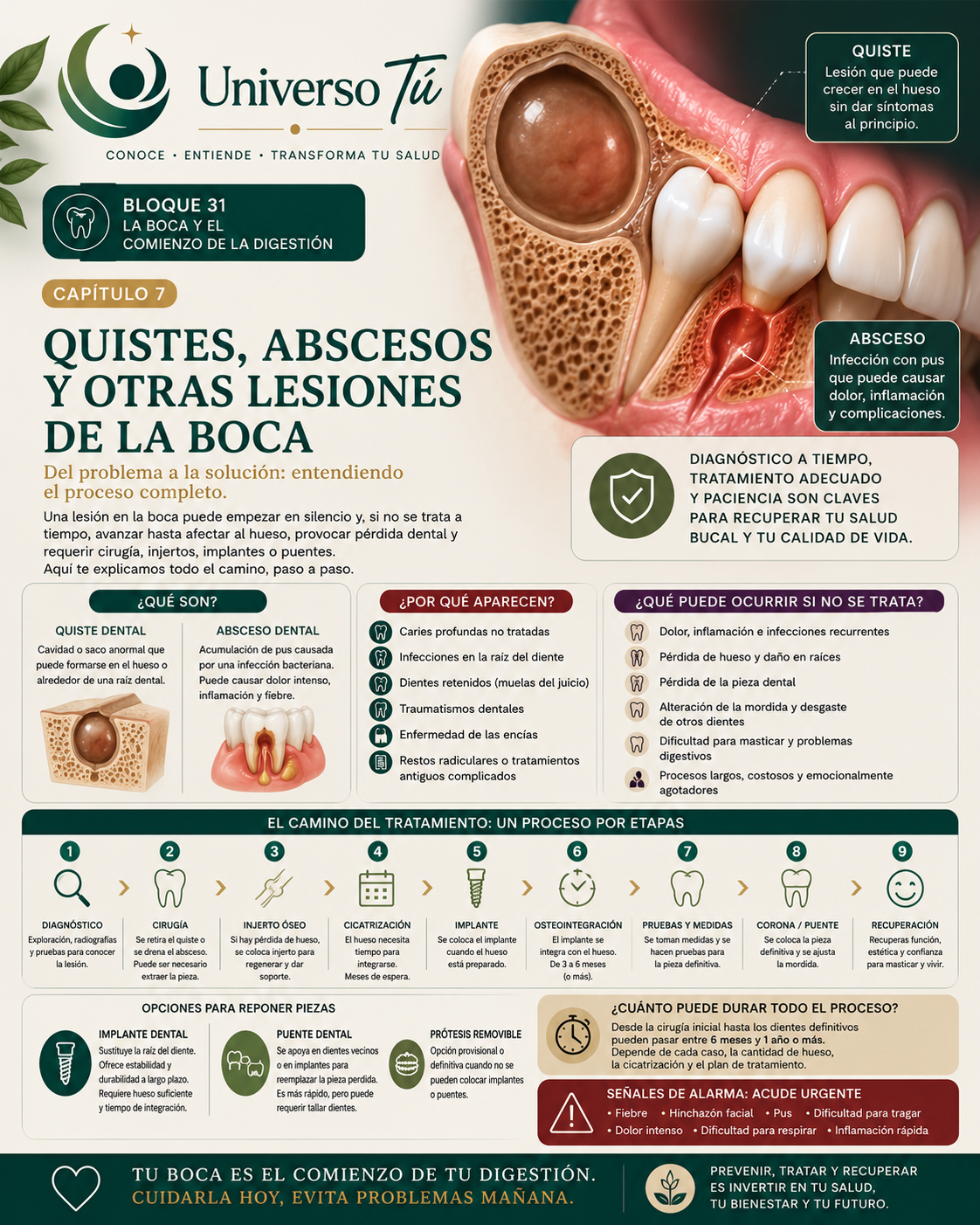Portada del capítulo 7, Quistes, abscesos y otras lesiones de la boca, del bloque 31 de Universo Tú sobre la boca y el comienzo de la digestión