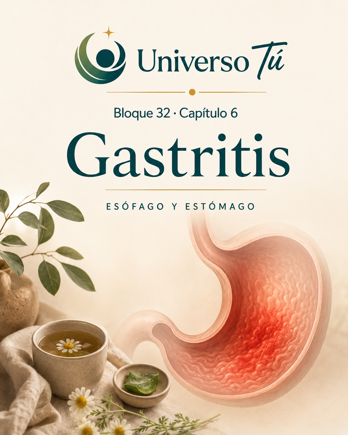 Portada del capítulo 6, Gastritis, del bloque 32 de Universo Tú sobre esófago y estómago