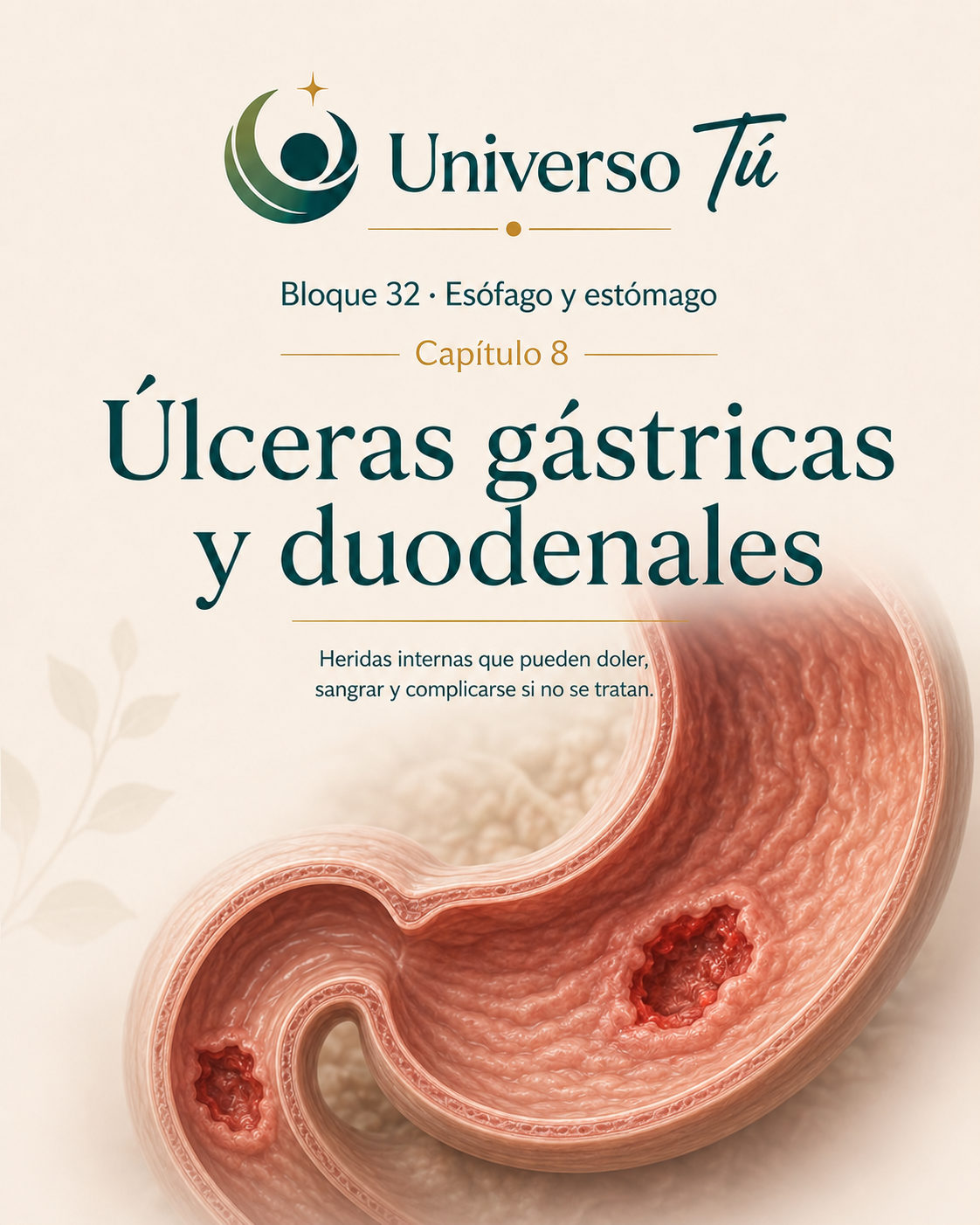 Portada del capítulo 8, Úlceras gástricas y duodenales, del bloque 32 de Universo Tú sobre esófago y estómago