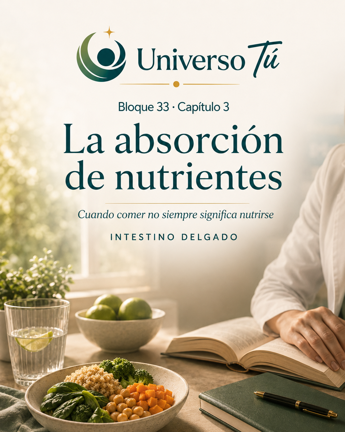 Portada del capítulo 3, La absorción de nutrientes: cuando comer no siempre significa nutrirse, del bloque 33 de Universo Tú sobre el intestino delgado