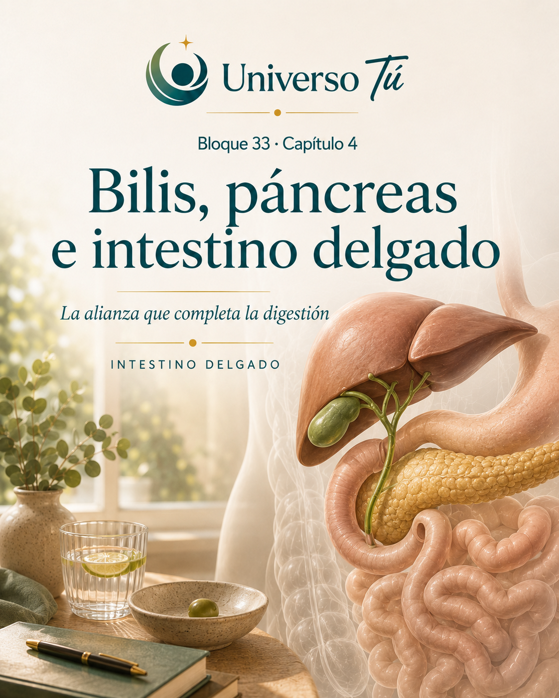Portada del capítulo 4, Bilis, páncreas e intestino delgado: la alianza que completa la digestión, del bloque 33 de Universo Tú sobre el intestino delgado