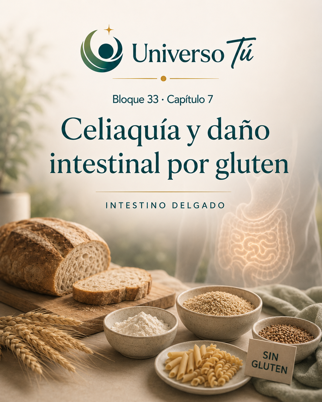 Portada del capítulo 7, Celiaquía y daño intestinal por gluten, del bloque 33 de Universo Tú sobre el intestino delgado