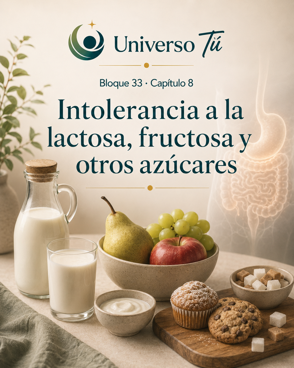 Portada del capítulo 8, Intolerancia a la lactosa, fructosa y otros azúcares, del bloque 33 de Universo Tú sobre el intestino delgado