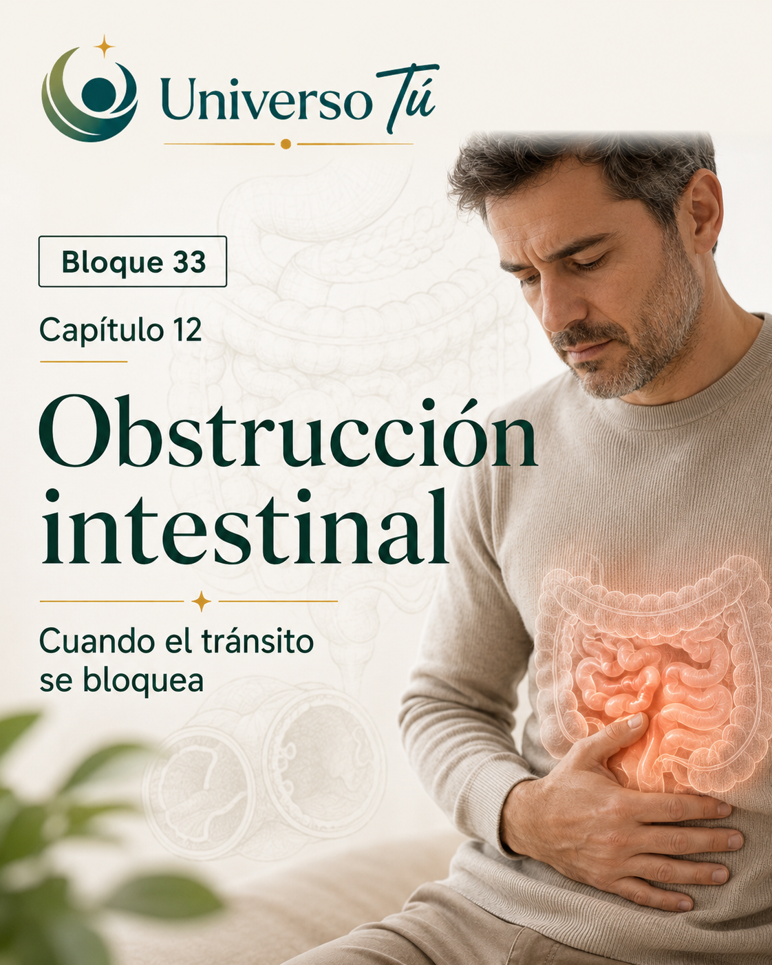 Portada del capítulo 12, Obstrucción intestinal: cuando el tránsito se bloquea, del bloque 33 de Universo Tú sobre el intestino delgado