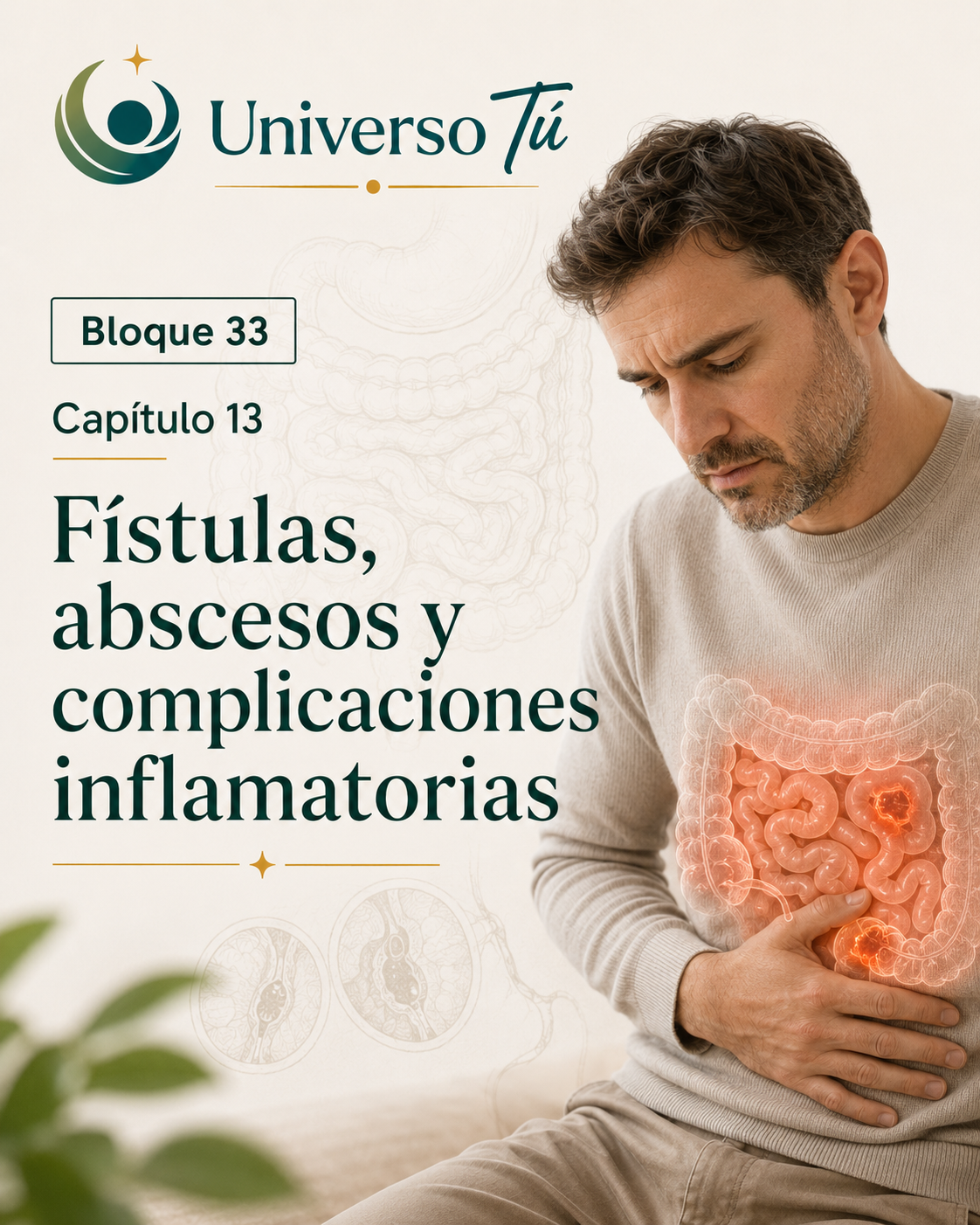 Portada del capítulo 13, Fístulas, abscesos y complicaciones inflamatorias, del bloque 33 de Universo Tú sobre el intestino delgado