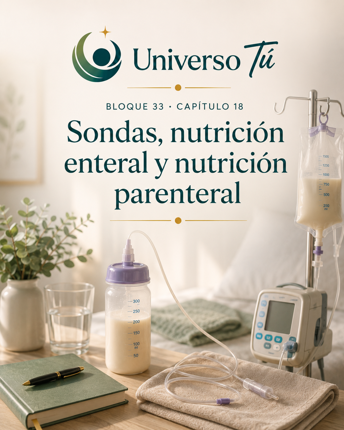 Portada del capítulo 18, Sondas, nutrición enteral y nutrición parenteral, del bloque 33 de Universo Tú sobre el intestino delgado
