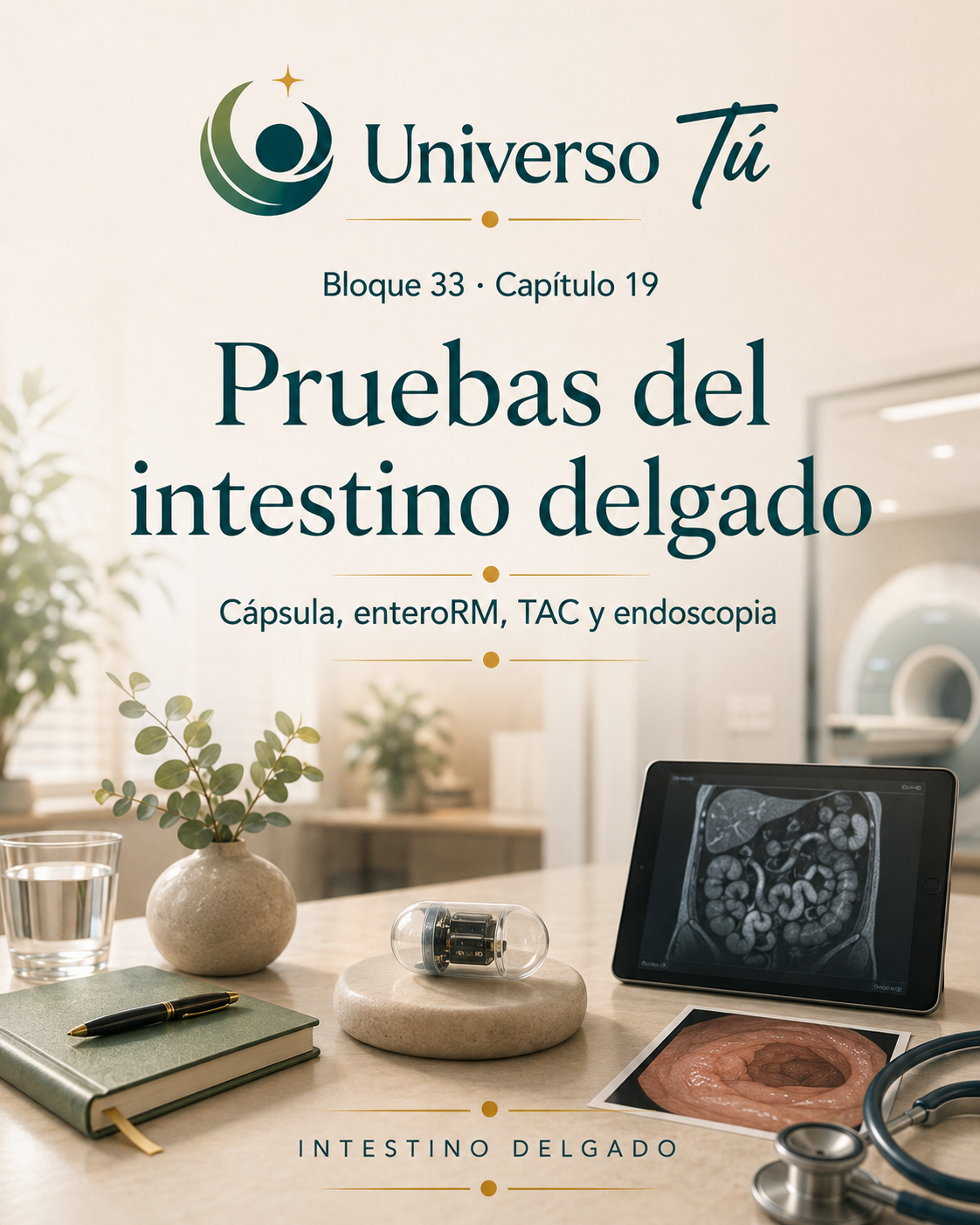 Portada del capítulo 19, Pruebas del intestino delgado: cápsula, enteroRM, TAC y endoscopia, del bloque 33 de Universo Tú sobre el intestino delgado
