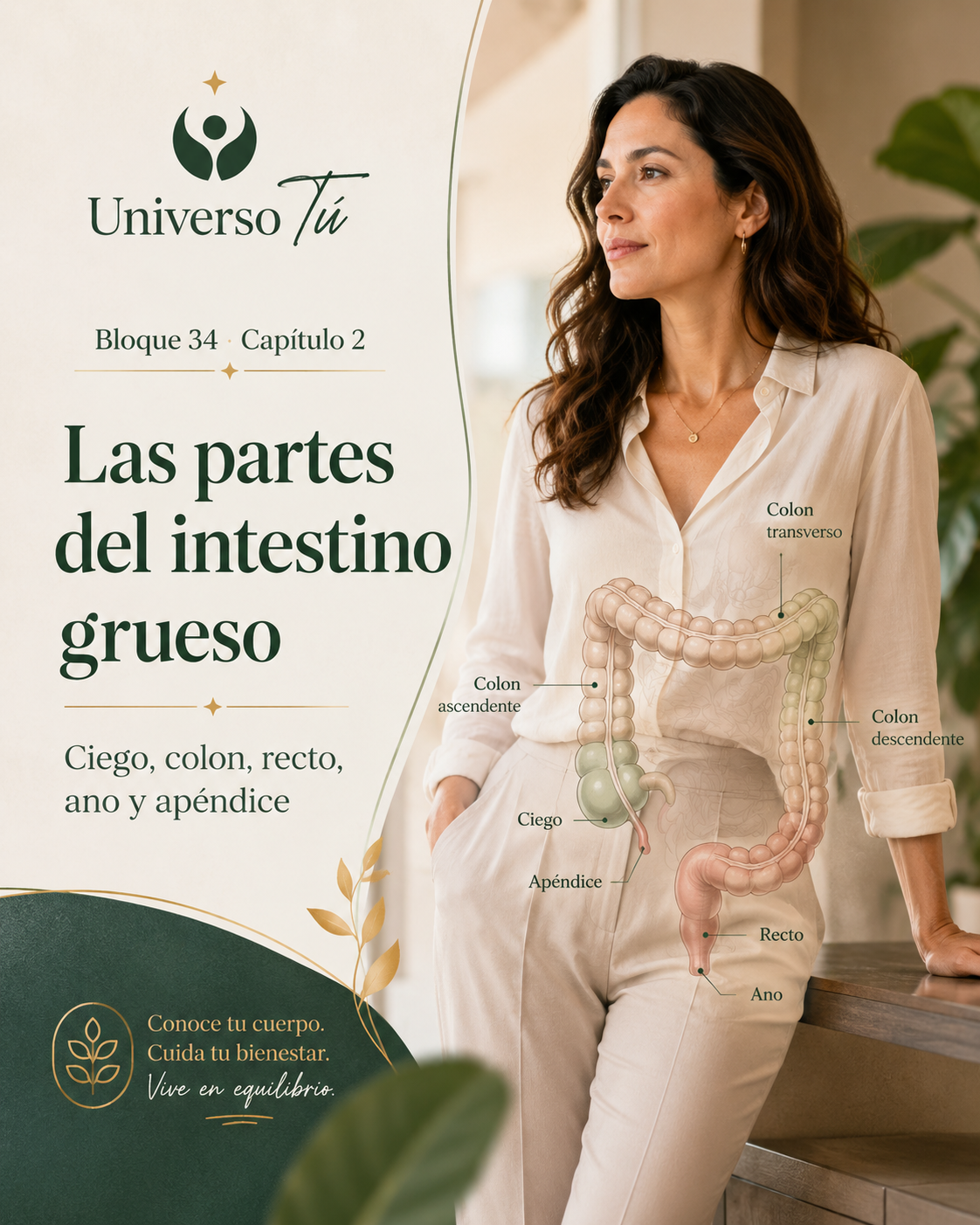 Portada del capítulo 2, Las partes del intestino grueso: ciego, colon, recto, ano y apéndice, del bloque 34 de Universo Tú sobre el intestino grueso