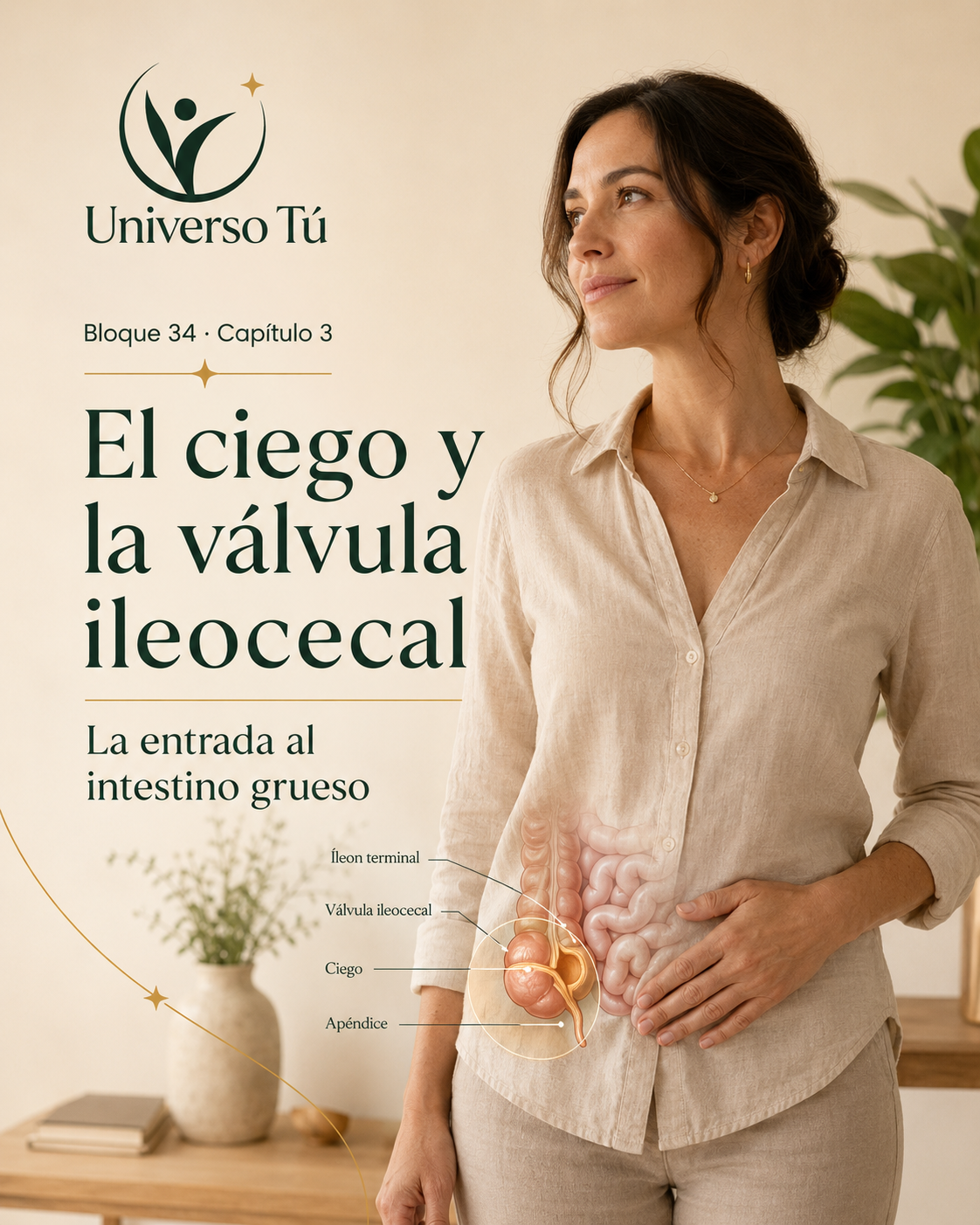 Portada del capítulo 3, El ciego y la válvula ileocecal: la entrada al intestino grueso, del bloque 34 de Universo Tú sobre el intestino grueso