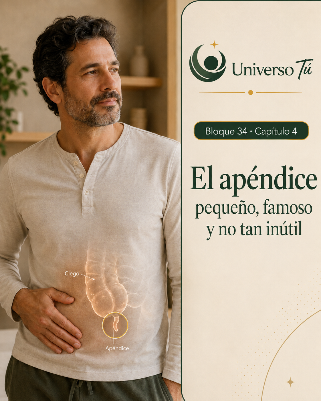 Portada del capítulo 4, El apéndice: pequeño, famoso y no tan inútil, del bloque 34 de Universo Tú sobre el intestino grueso