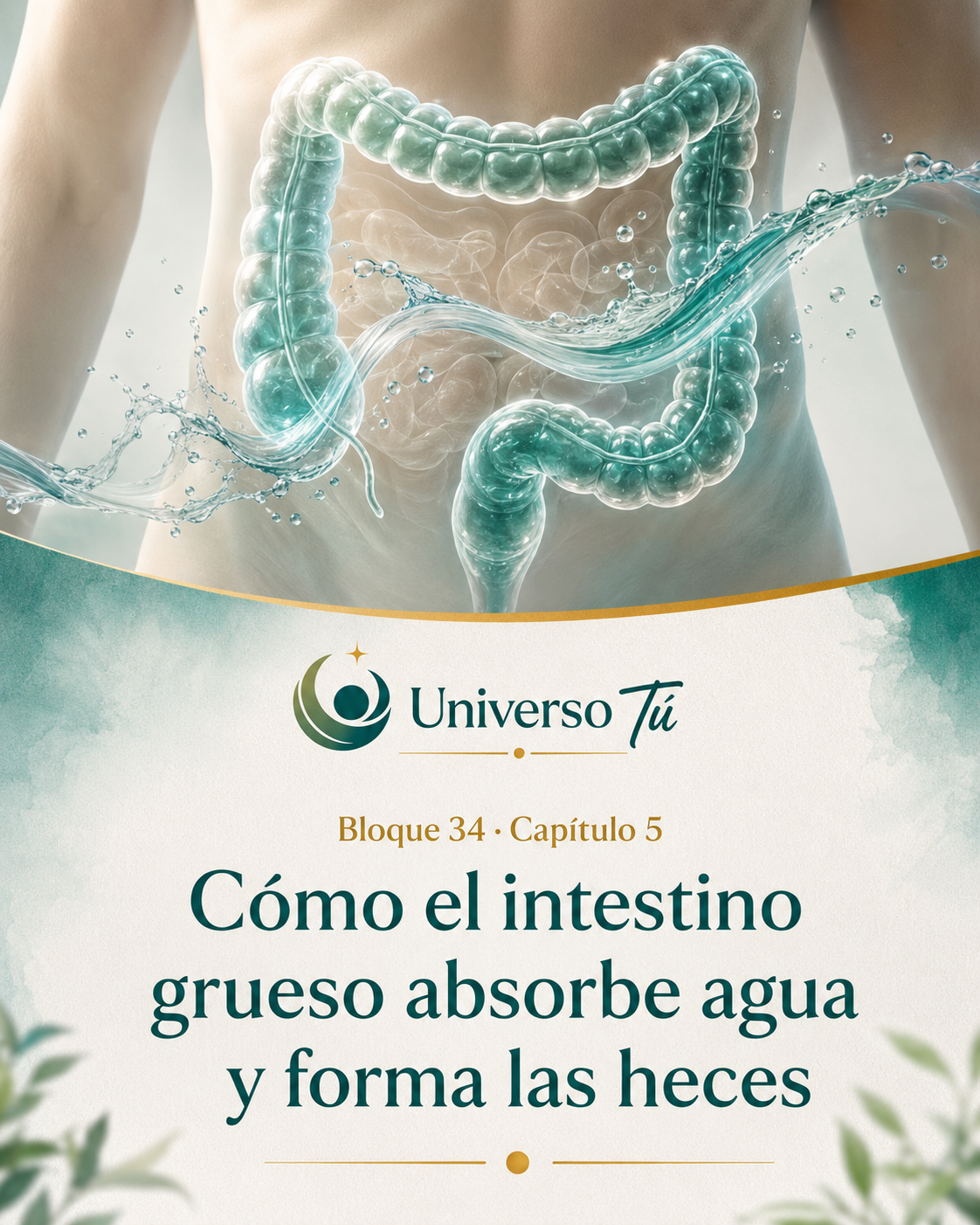 Portada del capítulo 5, Cómo el intestino grueso absorbe agua y forma las heces, del bloque 34 de Universo Tú sobre el intestino grueso