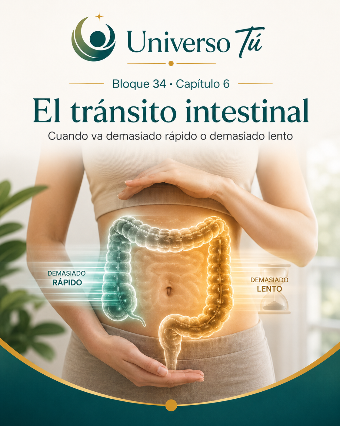 Portada del capítulo 6, El tránsito intestinal: cuando va demasiado rápido o demasiado lento, del bloque 34 de Universo Tú sobre el intestino grueso