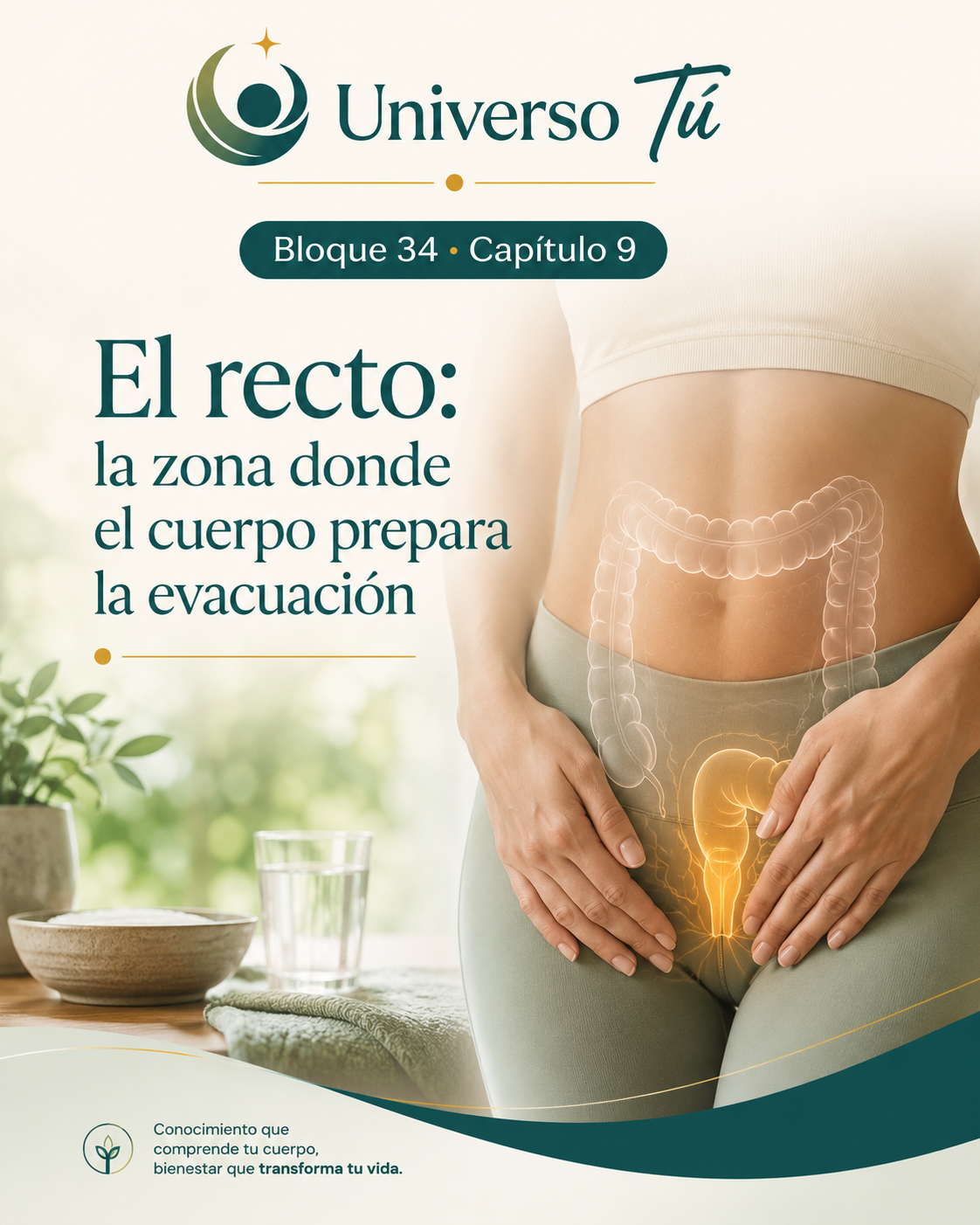 Portada del capítulo 9, El recto: la zona donde el cuerpo prepara la evacuación, del bloque 34 de Universo Tú sobre el intestino grueso