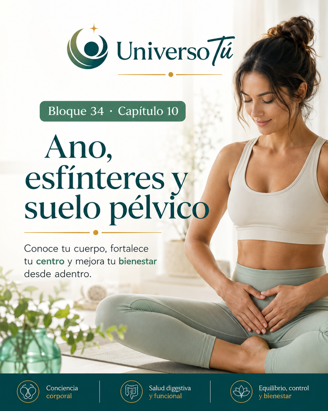 Portada del capítulo 10, Ano, esfínteres y suelo pélvico, del bloque 34 de Universo Tú sobre el intestino grueso