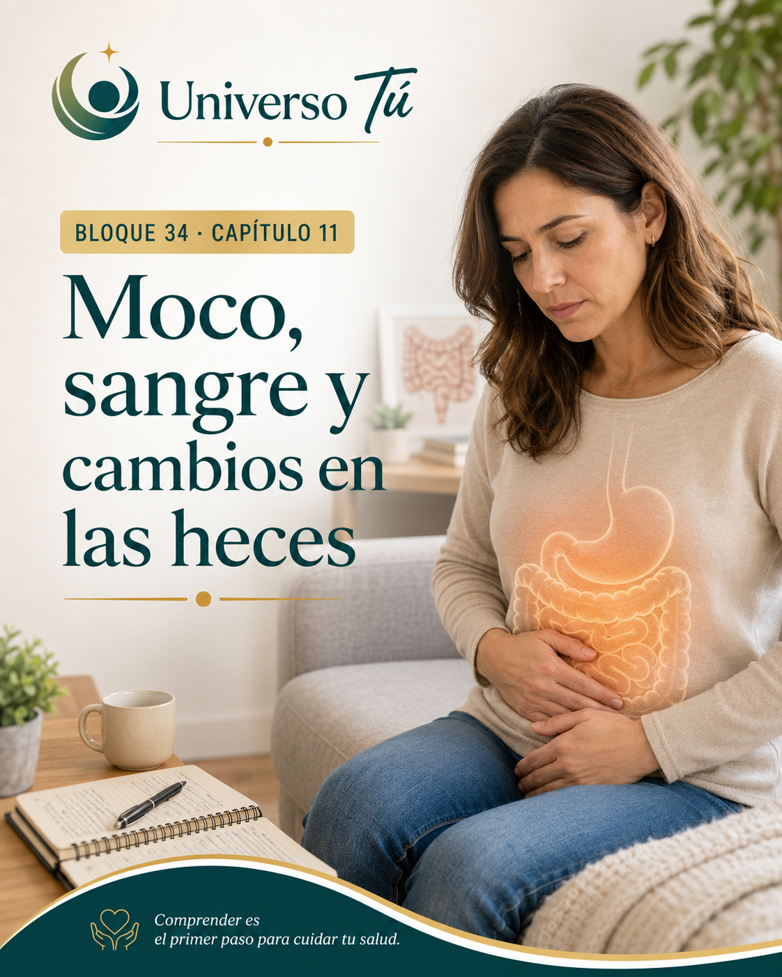 Portada del capítulo 11, Moco, sangre y cambios en las heces, del bloque 34 de Universo Tú sobre el intestino grueso