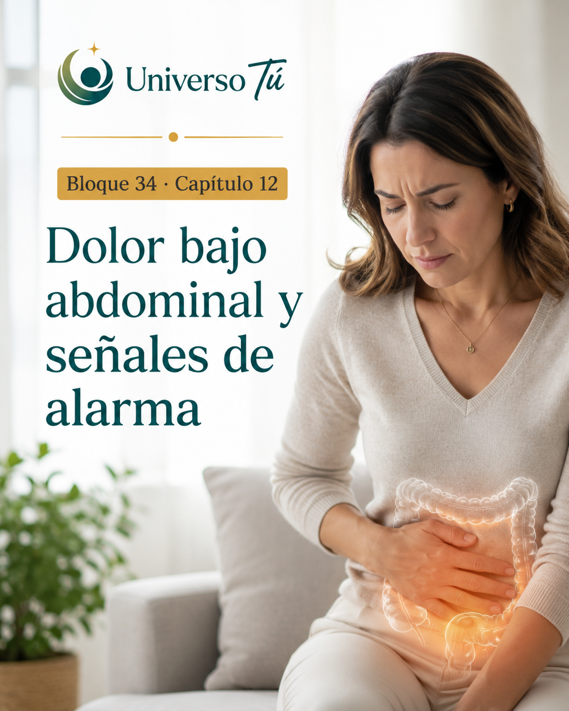 Portada del capítulo 12, Dolor bajo abdominal y señales de alarma, del bloque 34 de Universo Tú sobre el intestino grueso