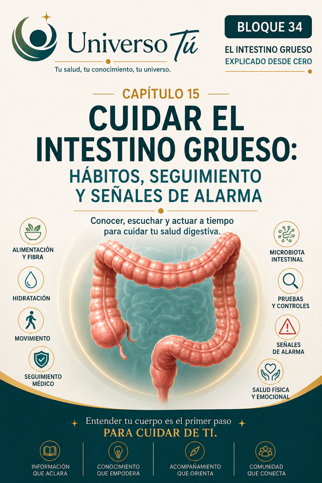 Portada del capítulo 15, Vivir con un intestino grueso delicado: hábitos, recuperación y señales de alarma, del bloque 34 de Universo Tú sobre el intestino grueso