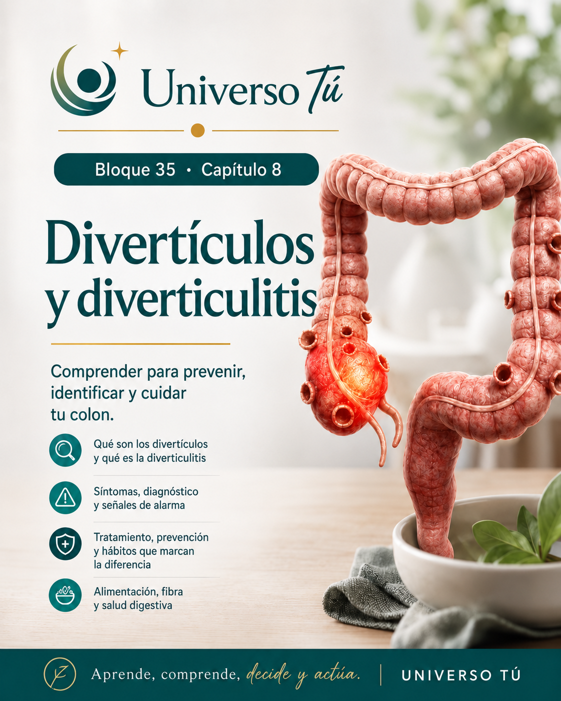 Portada del capítulo 8, Divertículos y diverticulitis, del bloque 35 de Universo Tú sobre el colon
