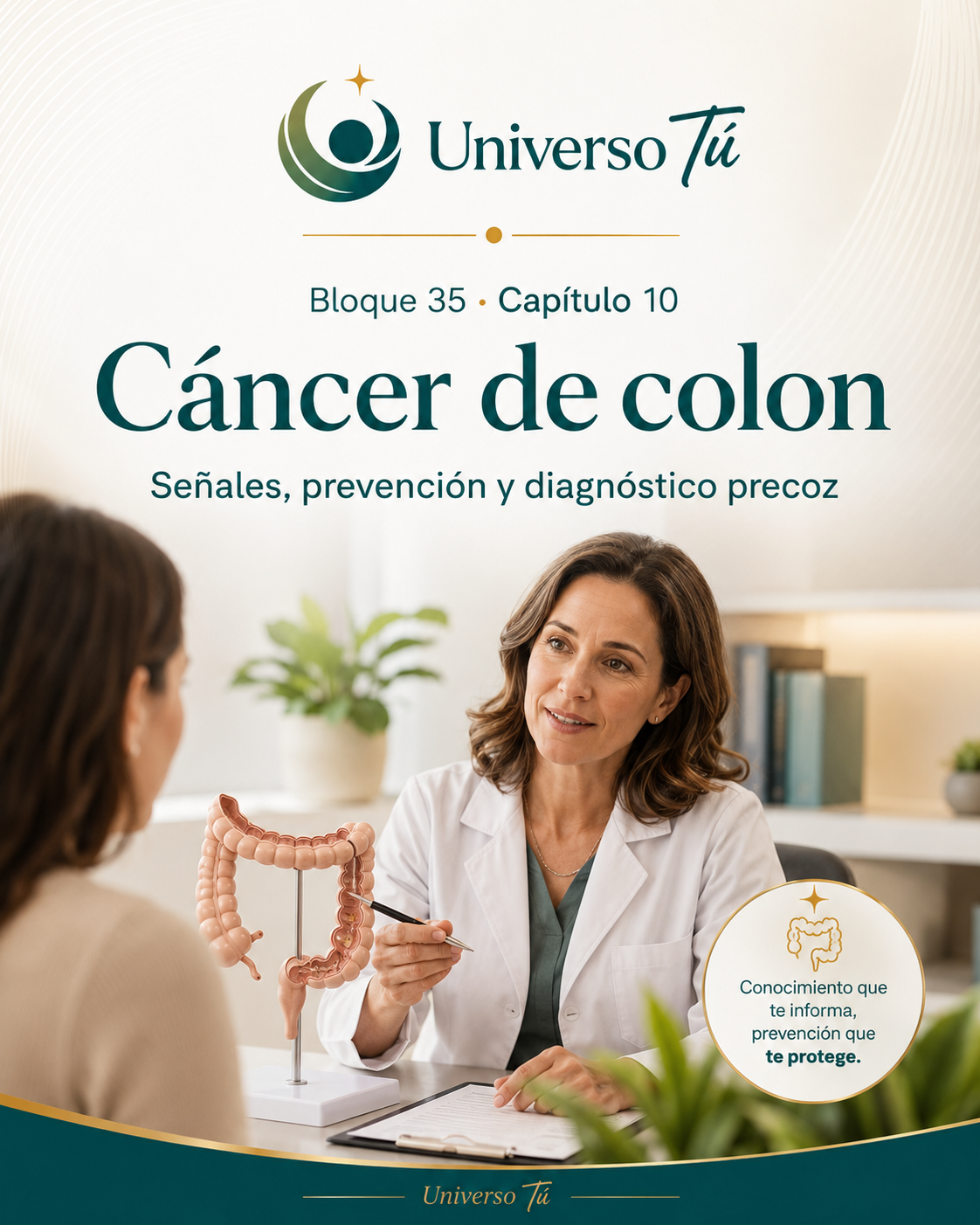 Portada del capítulo 10, Cáncer de colon: señales, prevención y diagnóstico precoz, del bloque 35 de Universo Tú sobre el colon