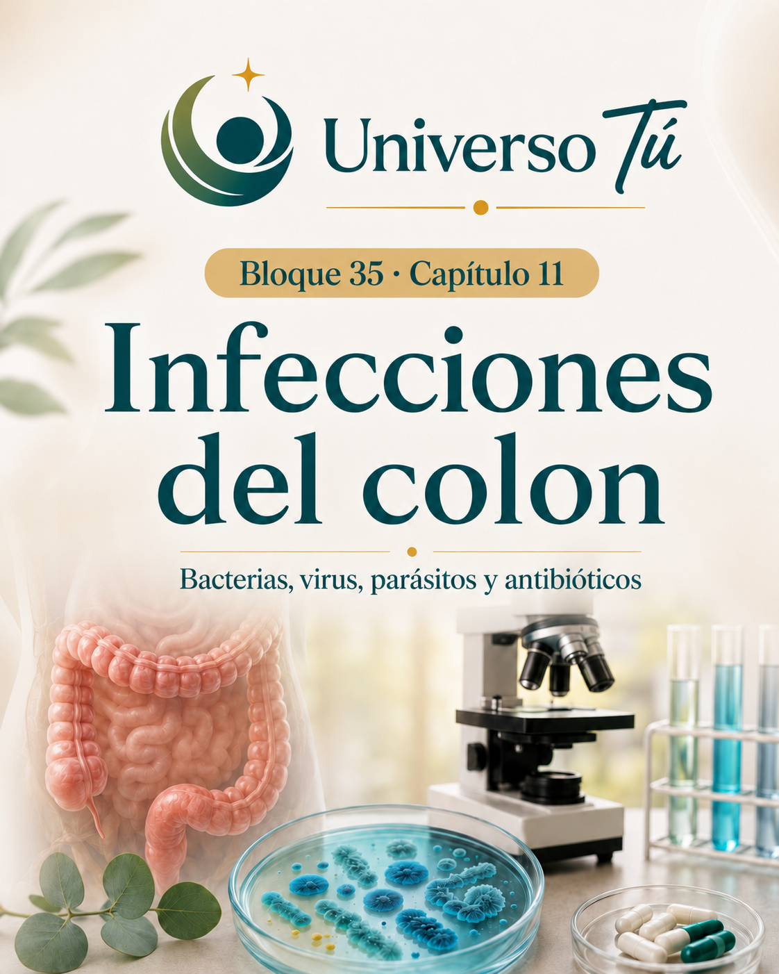 Portada del capítulo 11, Infecciones del colon: bacterias, virus, parásitos y antibióticos, del bloque 35 de Universo Tú sobre el colon