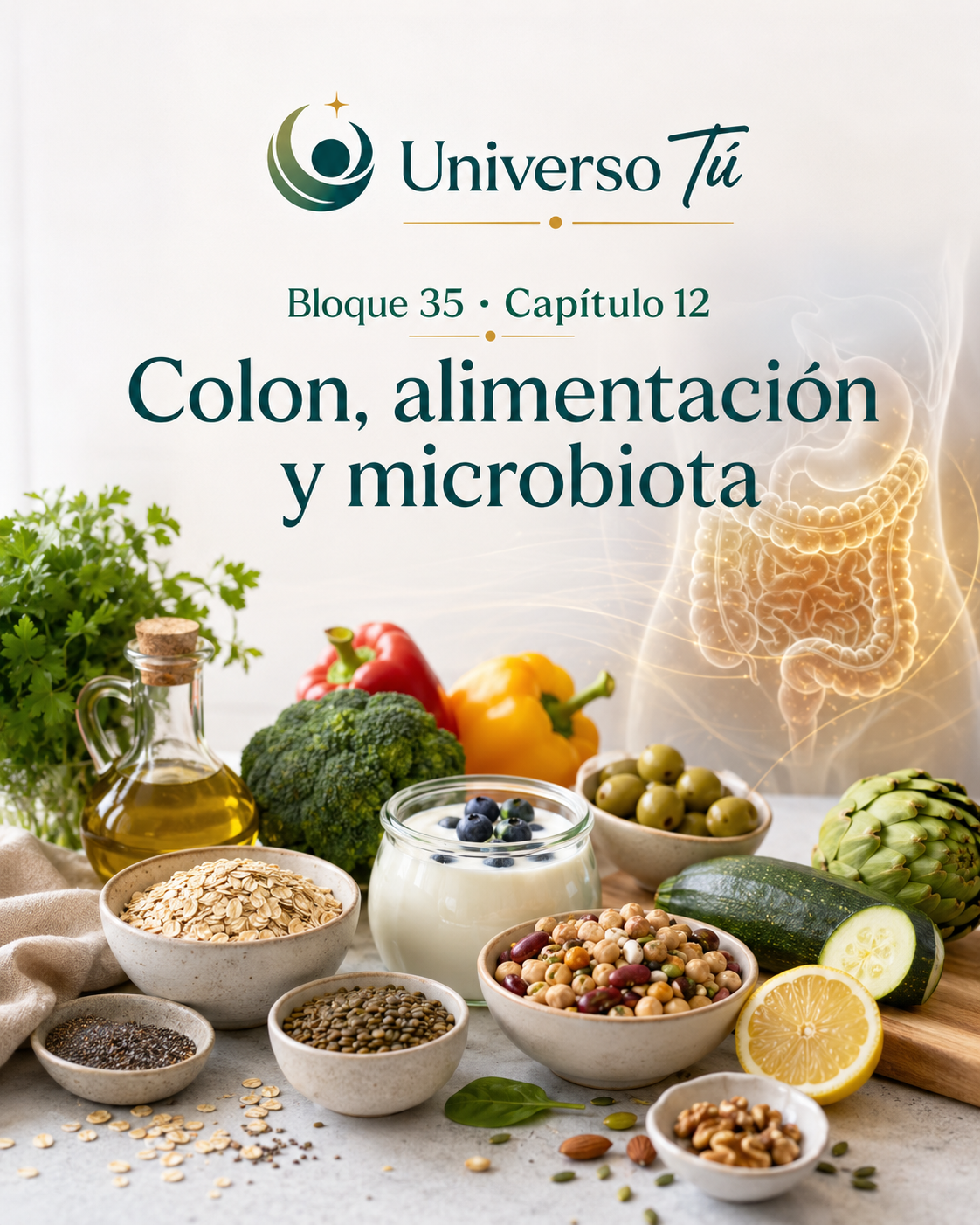 Portada del capítulo 12, Colon, alimentación y microbiota, del bloque 35 de Universo Tú sobre el colon