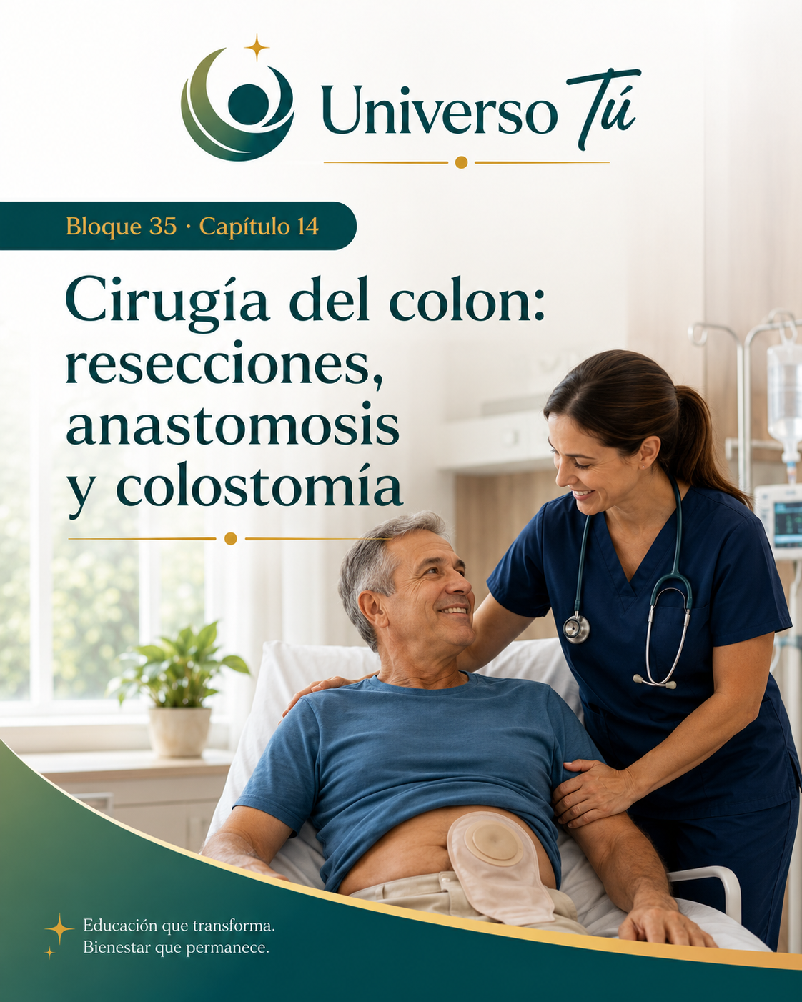 Portada del capítulo 14, Cirugía del colon: resecciones, anastomosis y colostomía, del bloque 35 de Universo Tú sobre el colon