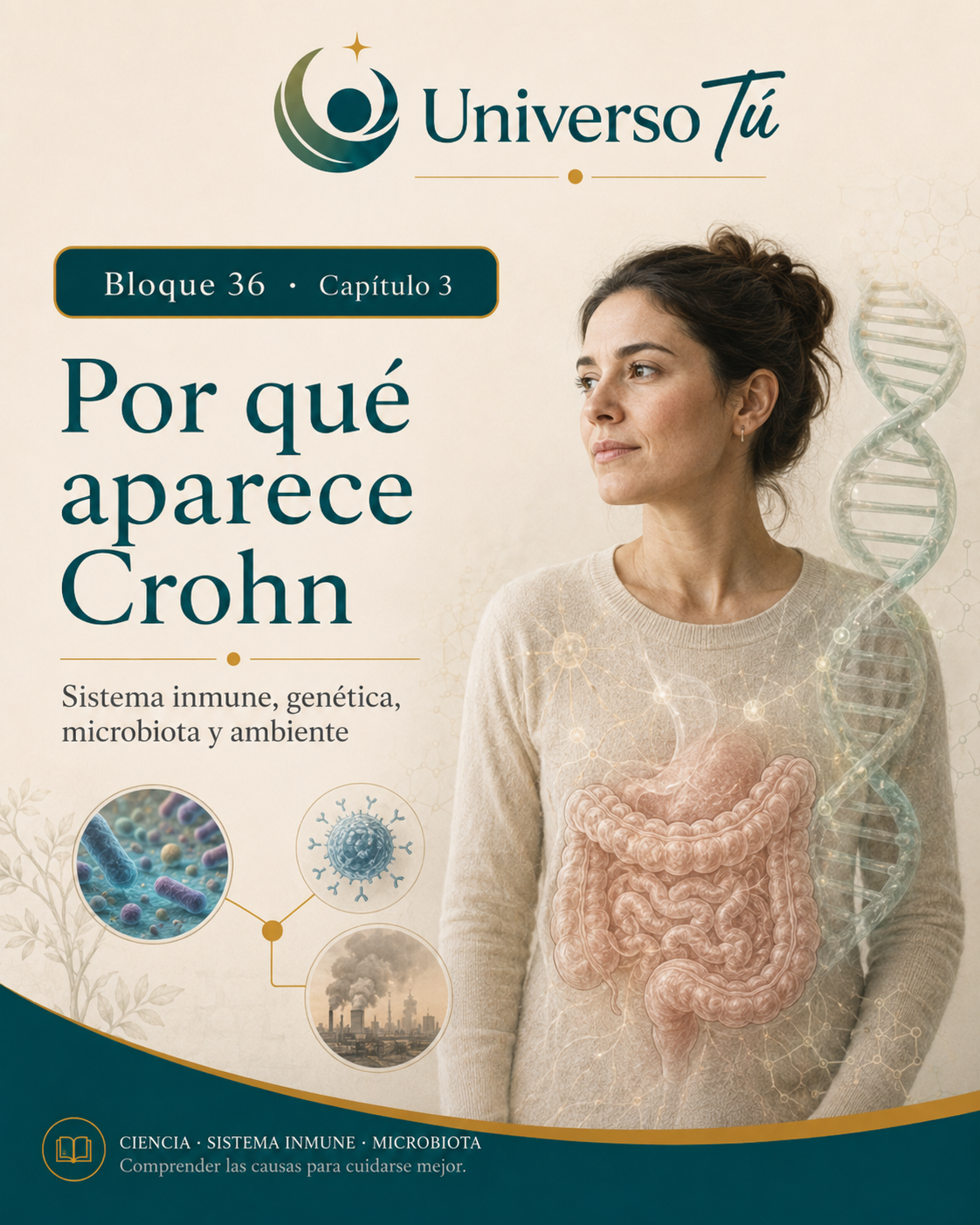 Portada del capítulo 3, Por qué aparece Crohn: sistema inmune, genética, microbiota y ambiente, del bloque 36 de Universo Tú sobre la enfermedad de Crohn