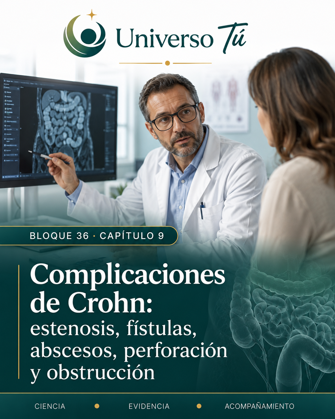 Portada del capítulo 9, Complicaciones de Crohn: estenosis, fístulas, abscesos, perforación y obstrucción, del bloque 36 de Universo Tú sobre la enfermedad de Crohn