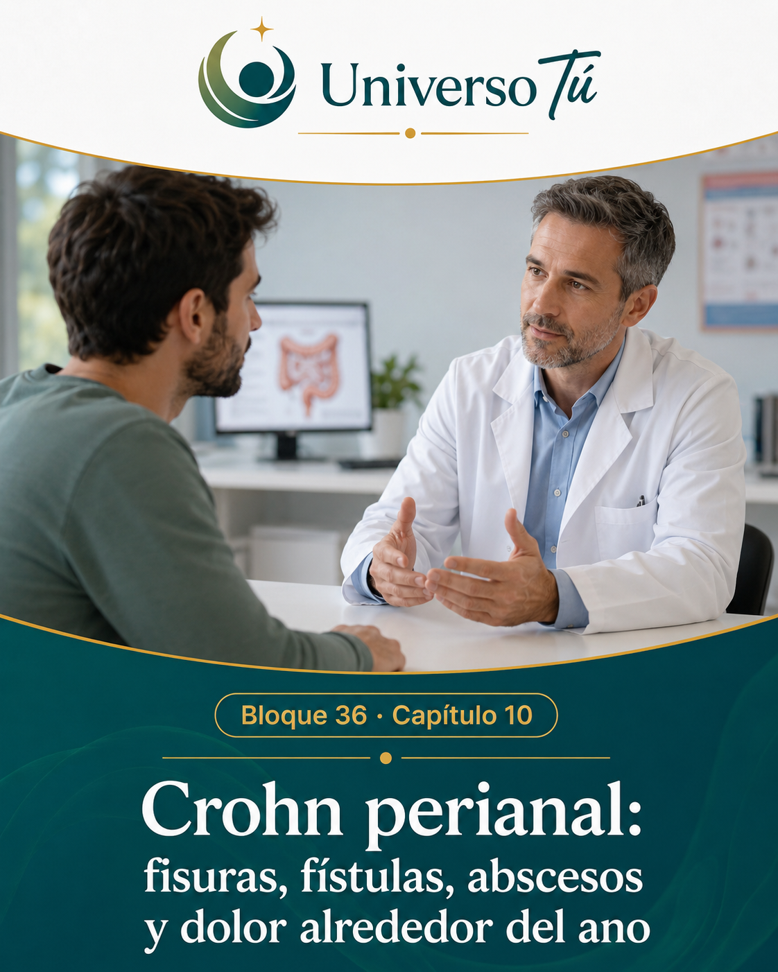 Portada del capítulo 10, Crohn perianal: fisuras, fístulas, abscesos y dolor alrededor del ano, del bloque 36 de Universo Tú sobre la enfermedad de Crohn