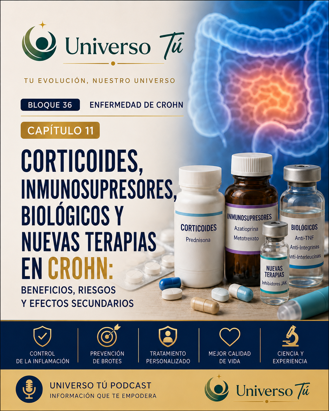 Portada del capítulo 11, Corticoides, inmunosupresores, biológicos y nuevas terapias en Crohn: beneficios, riesgos y efectos secundarios, del bloque 36 de Universo Tú sobre la enfermedad de Crohn