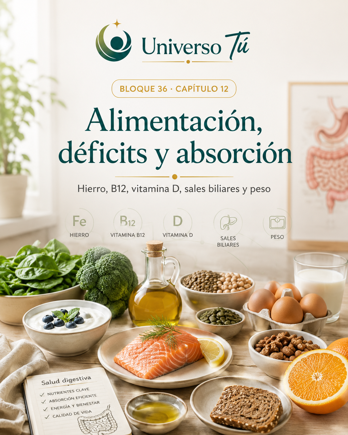 Portada del capítulo 12, Alimentación, déficits y absorción: hierro, B12, vitamina D, sales biliares y peso, del bloque 36 de Universo Tú sobre la enfermedad de Crohn