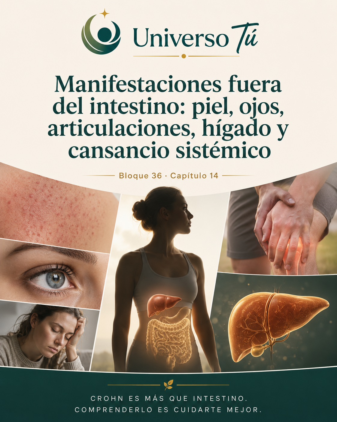 Portada del capítulo 14, Manifestaciones fuera del intestino: piel, ojos, articulaciones, hígado y cansancio sistémico, del bloque 36 de Universo Tú sobre la enfermedad de Crohn