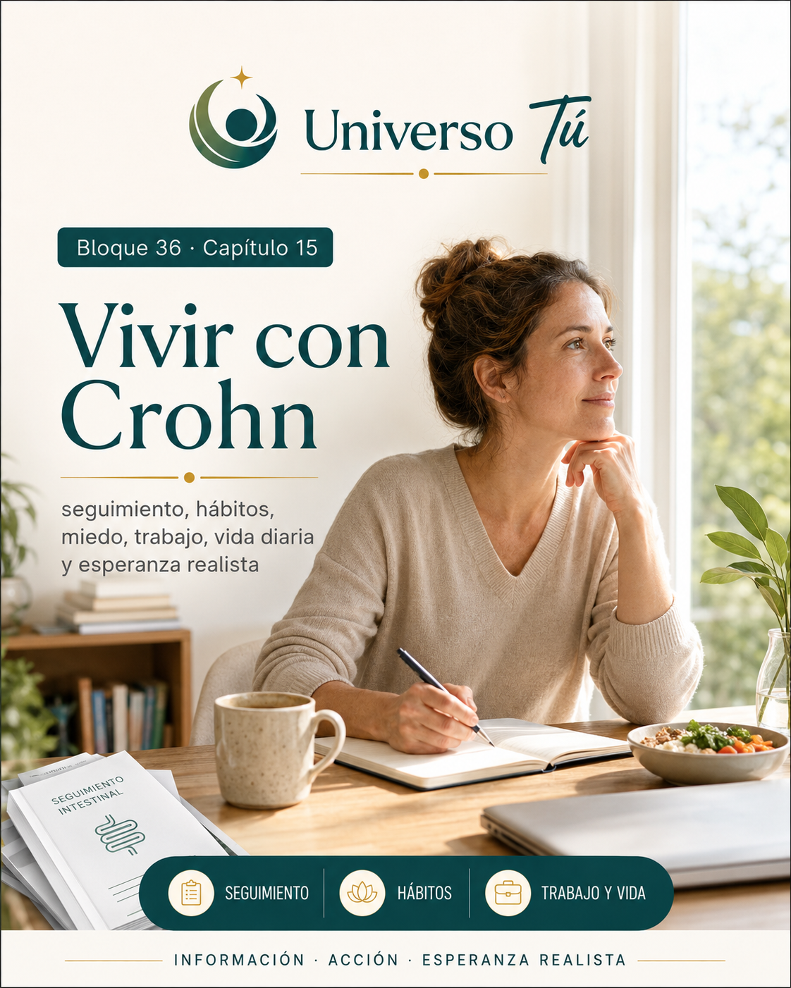 Portada del capítulo 15, Vivir con Crohn: seguimiento, hábitos, miedo, trabajo, vida diaria y esperanza realista, del bloque 36 de Universo Tú sobre la enfermedad de Crohn