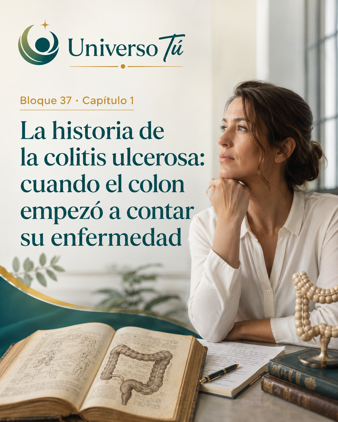 Portada del capítulo 1, La historia de la colitis ulcerosa: cuando el colon empezó a contar su enfermedad, del bloque 37 de Universo Tú sobre la colitis ulcerosa