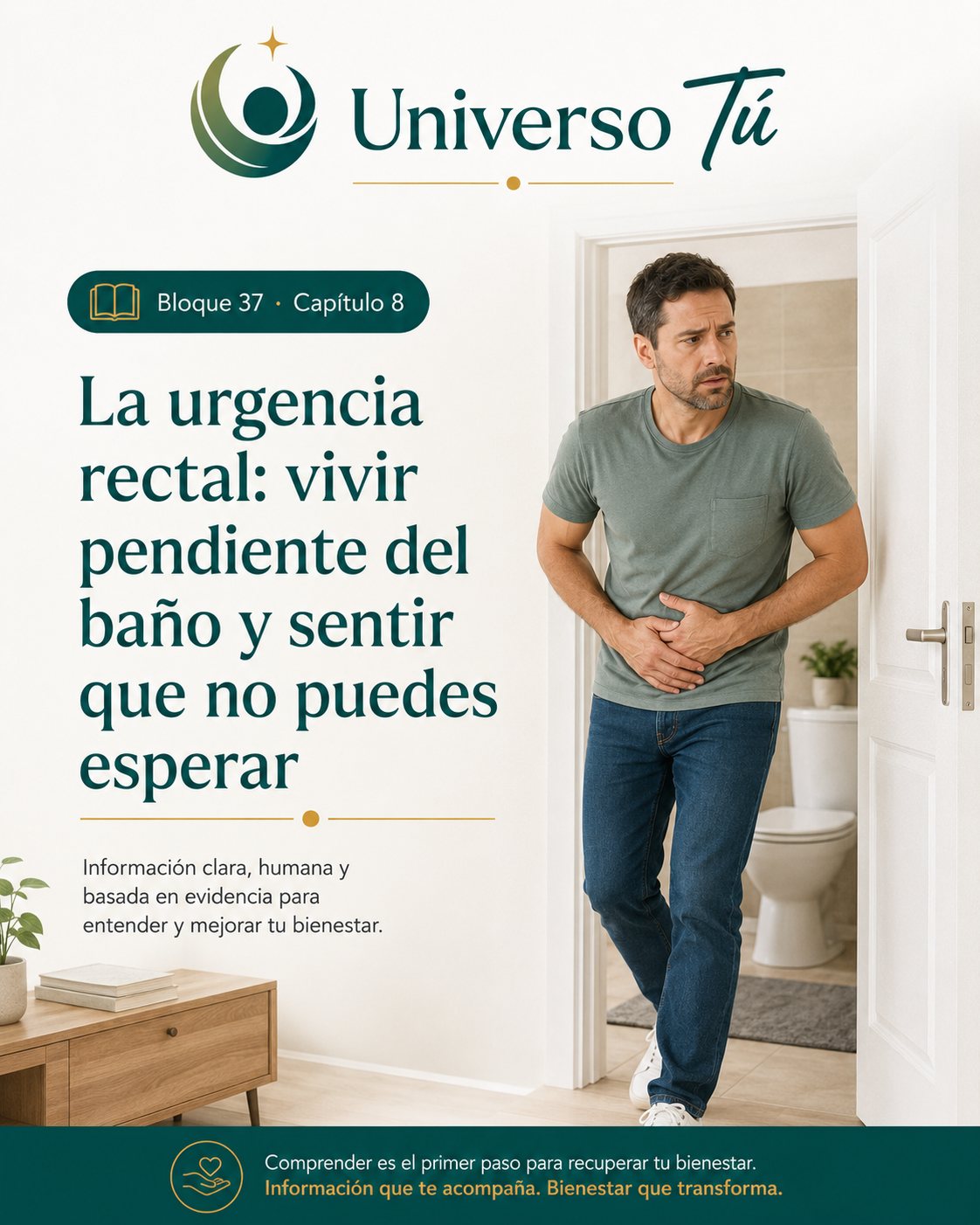 Portada del capítulo 8, La urgencia rectal: vivir pendiente del baño y sentir que no puedes esperar, del bloque 37 de Universo Tú sobre la colitis ulcerosa