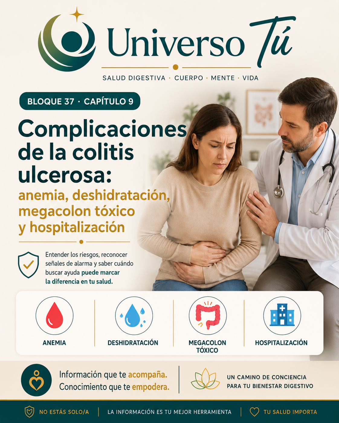 Portada del capítulo 9, Complicaciones de la colitis ulcerosa: anemia, deshidratación, megacolon tóxico y hospitalización, del bloque 37 de Universo Tú sobre la colitis ulcerosa