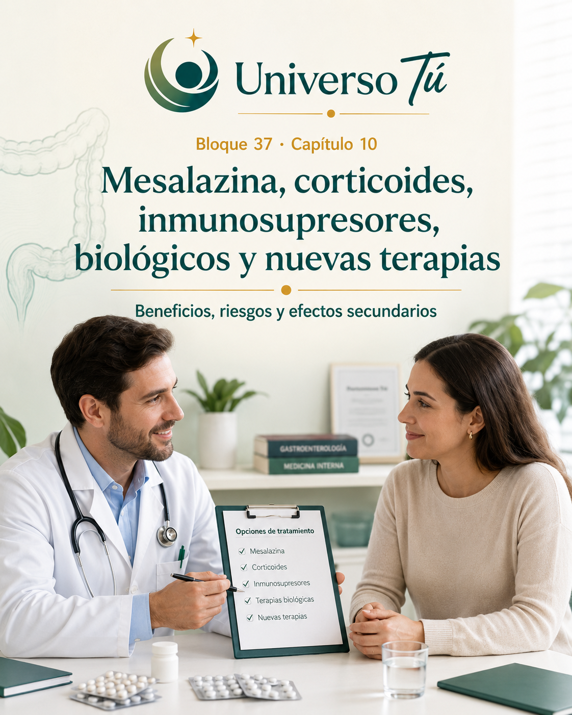 Portada del capítulo 10, Mesalazina, corticoides, inmunosupresores, biológicos y nuevas terapias en colitis ulcerosa: beneficios, riesgos y efectos secundarios, del bloque 37 de Universo Tú sobre la colitis ulcerosa