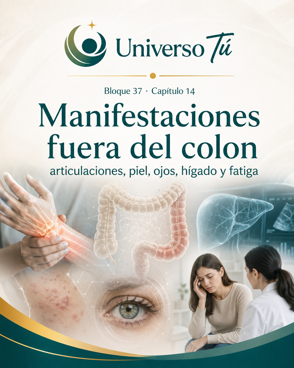 Portada del capítulo 14, Manifestaciones fuera del colon: articulaciones, piel, ojos, hígado y fatiga, del bloque 37 de Universo Tú sobre la colitis ulcerosa