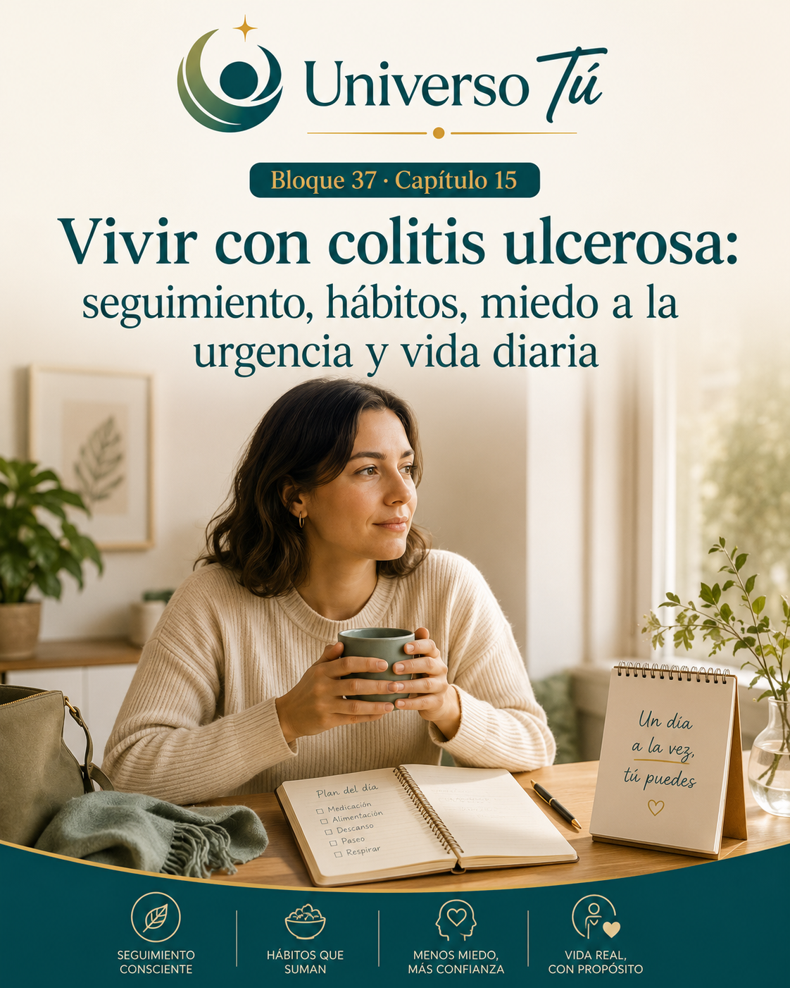 Portada del capítulo 15, Vivir con colitis ulcerosa: seguimiento, hábitos, miedo a la urgencia y vida diaria, del bloque 37 de Universo Tú sobre la colitis ulcerosa