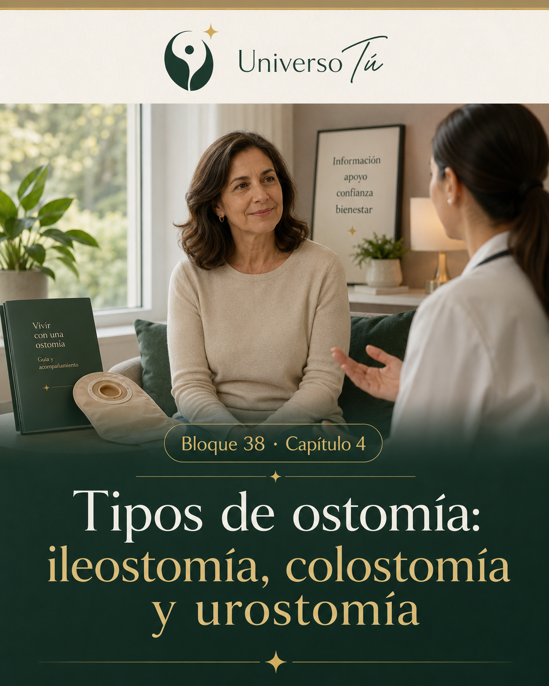 Portada del capítulo 4, Tipos de ostomía: ileostomía, colostomía y urostomía, del bloque 38 de Universo Tú sobre las ostomías