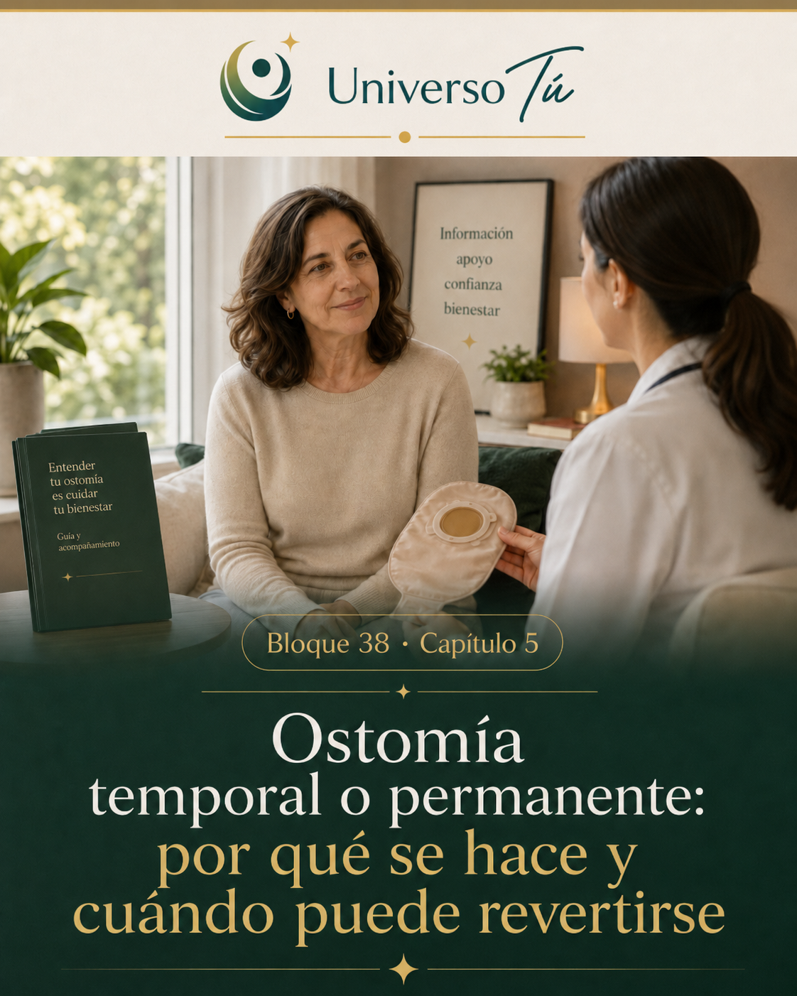 Portada del capítulo 5, Ostomía temporal o permanente: por qué se hace y cuándo puede revertirse, del bloque 38 de Universo Tú sobre las ostomías