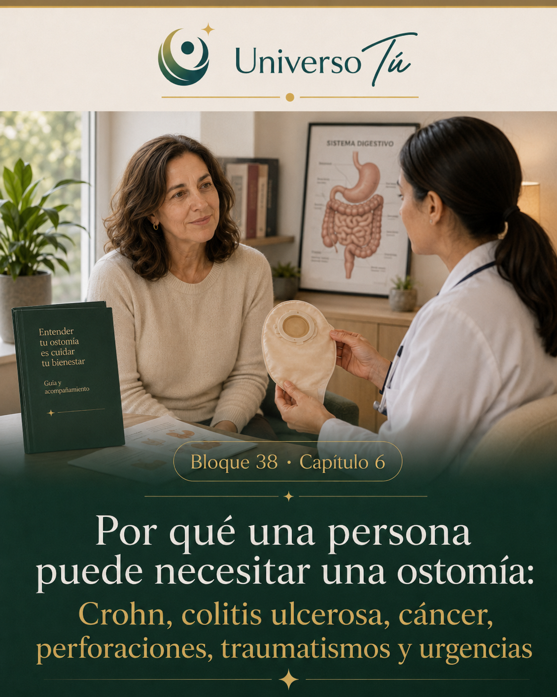 Portada del capítulo 6, Por qué una persona puede necesitar una ostomía: Crohn, colitis ulcerosa, cáncer, perforaciones, traumatismos y urgencias, del bloque 38 de Universo Tú sobre las ostomías