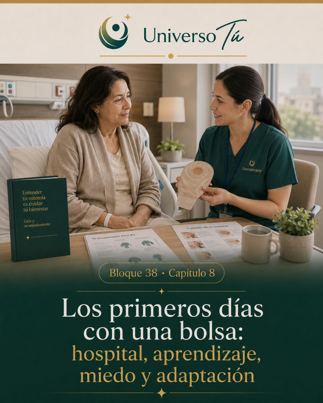 Portada del capítulo 8, Los primeros días con una bolsa: hospital, aprendizaje, miedo y adaptación, del bloque 38 de Universo Tú sobre las ostomías
