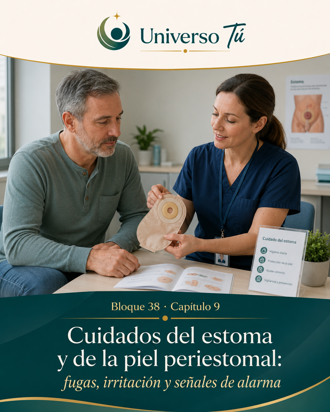 Portada del capítulo 9, Cuidados del estoma y de la piel periestomal: fugas, irritación y señales de alarma, del bloque 38 de Universo Tú sobre las ostomías