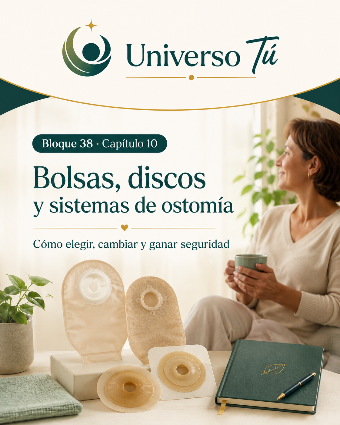 Portada del capítulo 10, Bolsas, discos y sistemas de ostomía: cómo elegir, cambiar y ganar seguridad, del bloque 38 de Universo Tú sobre las ostomías