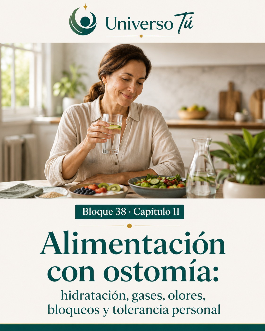 Portada del capítulo 11, Alimentación con ostomía: hidratación, gases, olores, bloqueos y tolerancia personal, del bloque 38 de Universo Tú sobre las ostomías