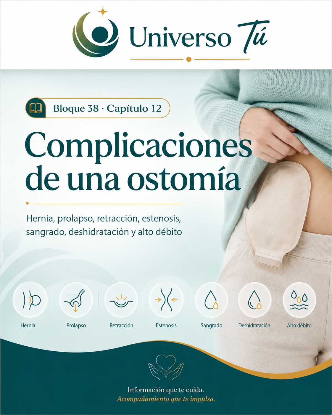 Portada del capítulo 12, Complicaciones de una ostomía: hernia, prolapso, retracción, estenosis, sangrado, deshidratación y alto débito, del bloque 38 de Universo Tú sobre las ostomías